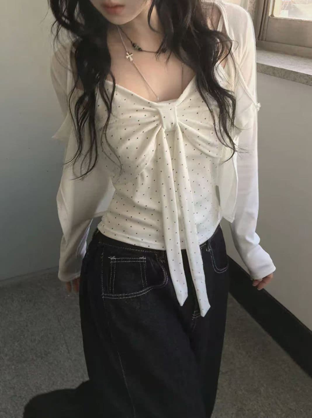한국 스타일 화이트 긴팔 오픈 가디건 캐미솔 두 조각 여성 세트 여름 새로운 몸매 가꾸기 슬림해 보이는 맨위 세트 여성 상세 이미지 13