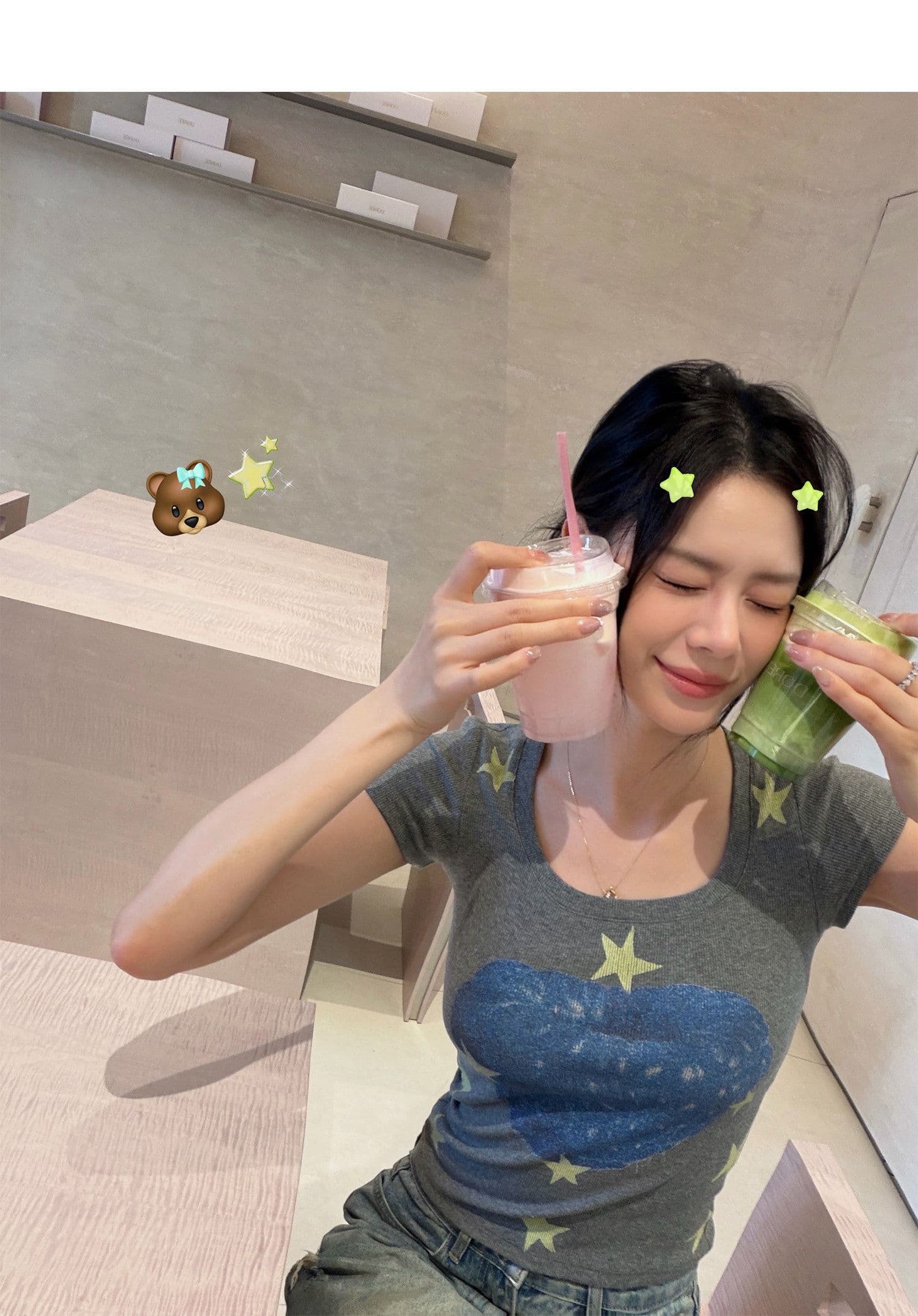 260 그램 사람들 면 달콤함 별 프린트 반팔 티셔츠 여성 2026 새로운 여름 품격 u 칼라 허리 수축 작은 맨위 상세 이미지 12