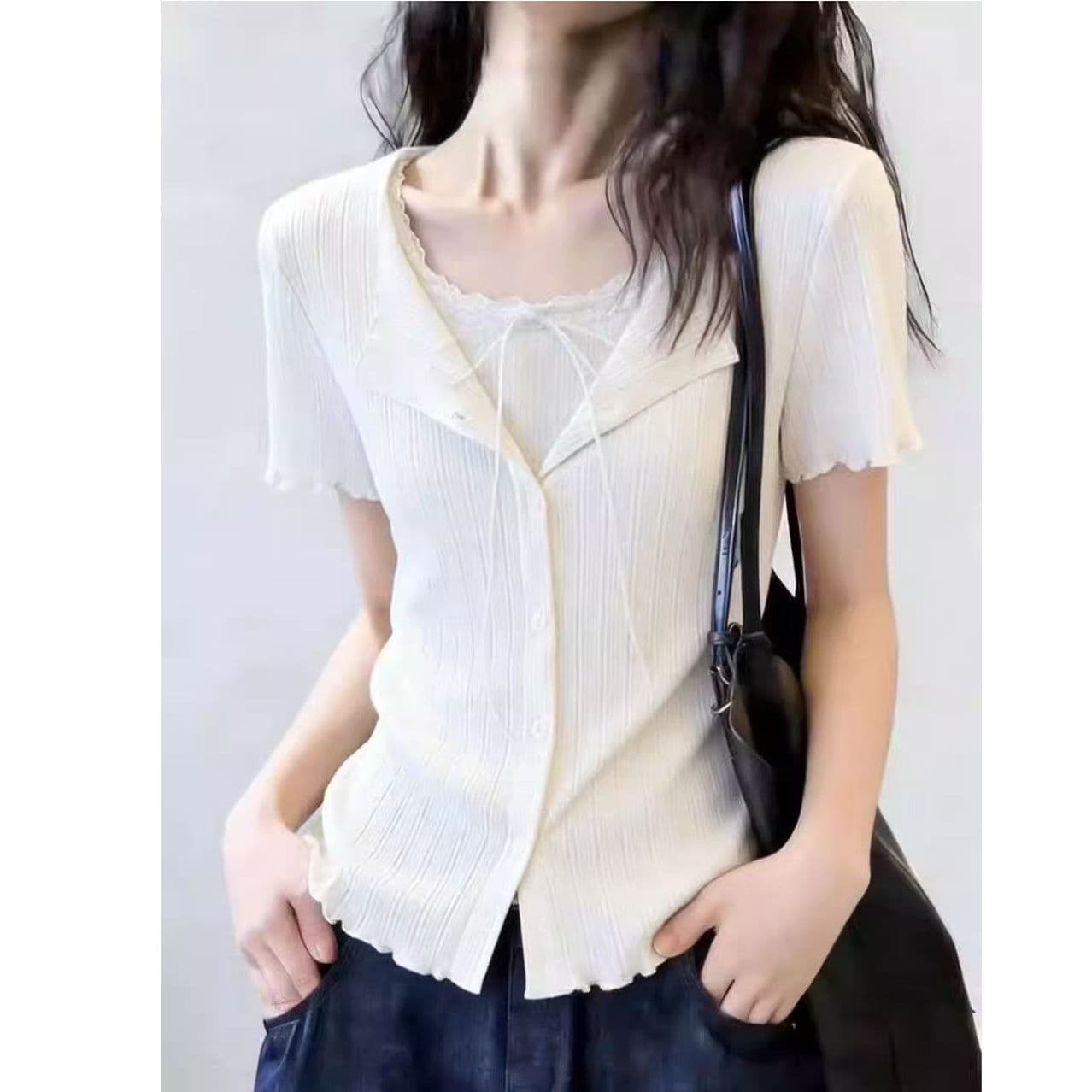 원본 솜씨 순수한 욕망 바람 페이크 레이어드 프릴 반팔 티셔츠 여성 여름 새로운 주름 허리 수축 몸매 가꾸기 맨위 이미지 2