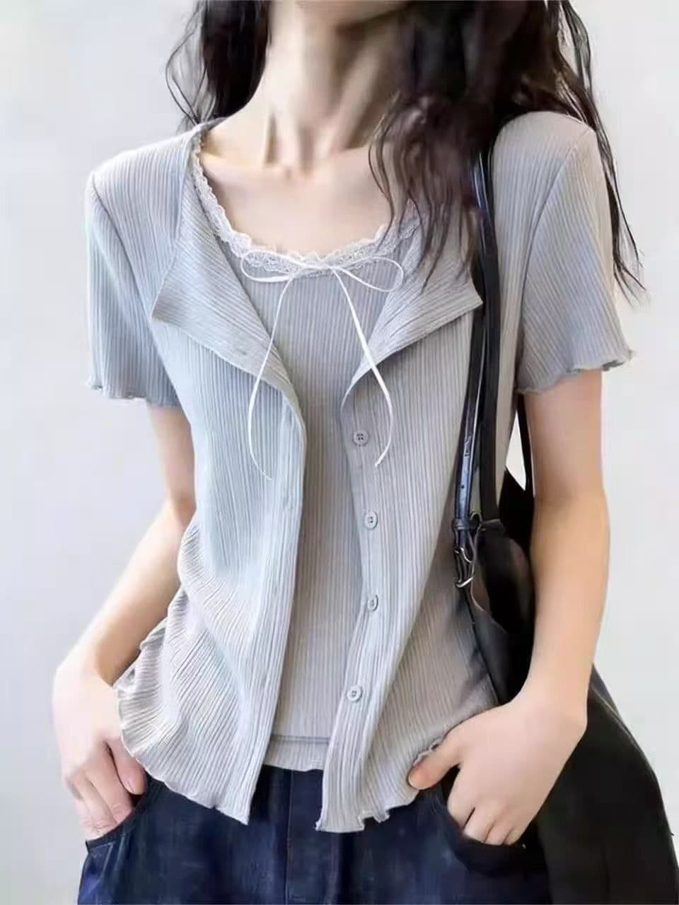 원본 솜씨 순수한 욕망 바람 페이크 레이어드 프릴 반팔 티셔츠 여성 여름 새로운 주름 허리 수축 몸매 가꾸기 맨위 상세 이미지 8