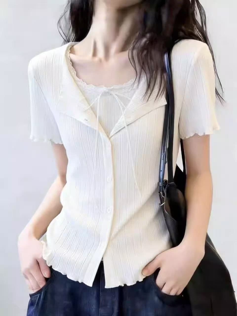원본 솜씨 순수한 욕망 바람 페이크 레이어드 프릴 반팔 티셔츠 여성 여름 새로운 주름 허리 수축 몸매 가꾸기 맨위 상세 이미지 9
