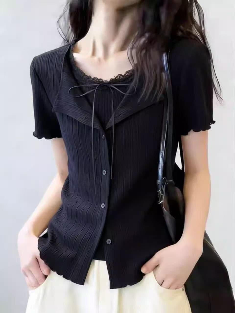 원본 솜씨 순수한 욕망 바람 페이크 레이어드 프릴 반팔 티셔츠 여성 여름 새로운 주름 허리 수축 몸매 가꾸기 맨위 상세 이미지 10