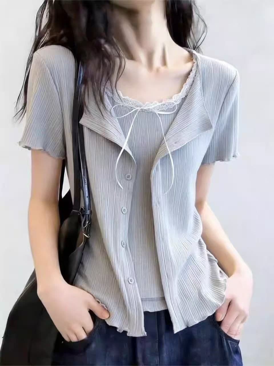 원본 솜씨 순수한 욕망 바람 페이크 레이어드 프릴 반팔 티셔츠 여성 여름 새로운 주름 허리 수축 몸매 가꾸기 맨위 상세 이미지 11