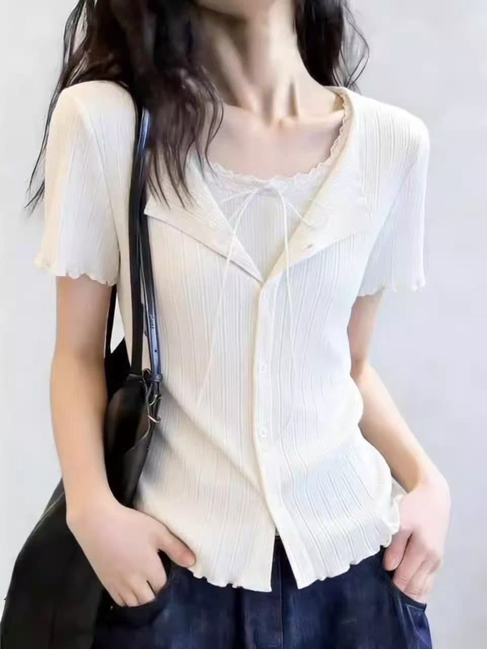 원본 솜씨 순수한 욕망 바람 페이크 레이어드 프릴 반팔 티셔츠 여성 여름 새로운 주름 허리 수축 몸매 가꾸기 맨위 상세 이미지 12