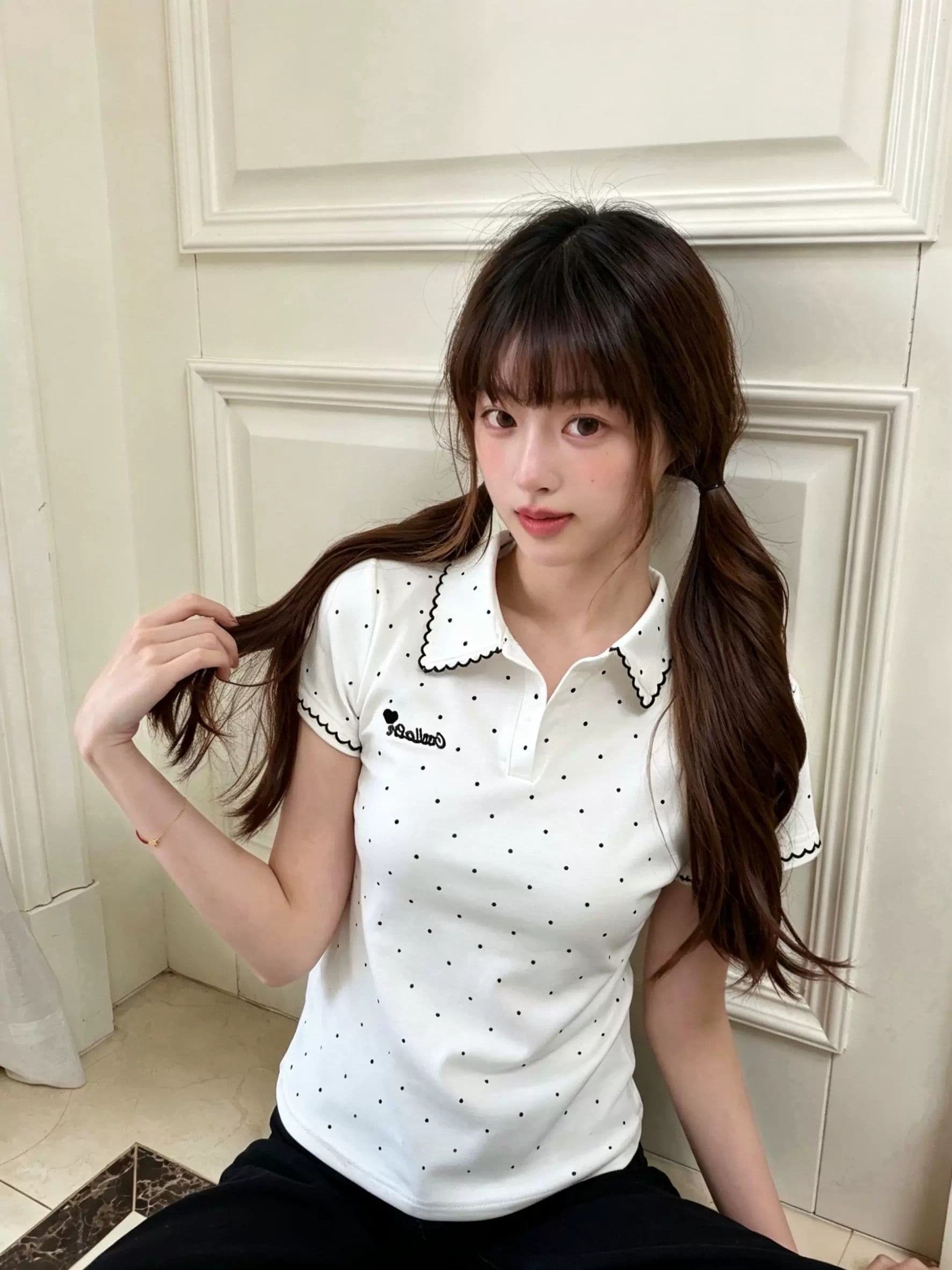 경관 그림 원본 품질 POLO 칼라 긍정적 인 어깨 반팔 티셔츠 여성 달콤함 Chic 짧은 맨위 상세 이미지 4