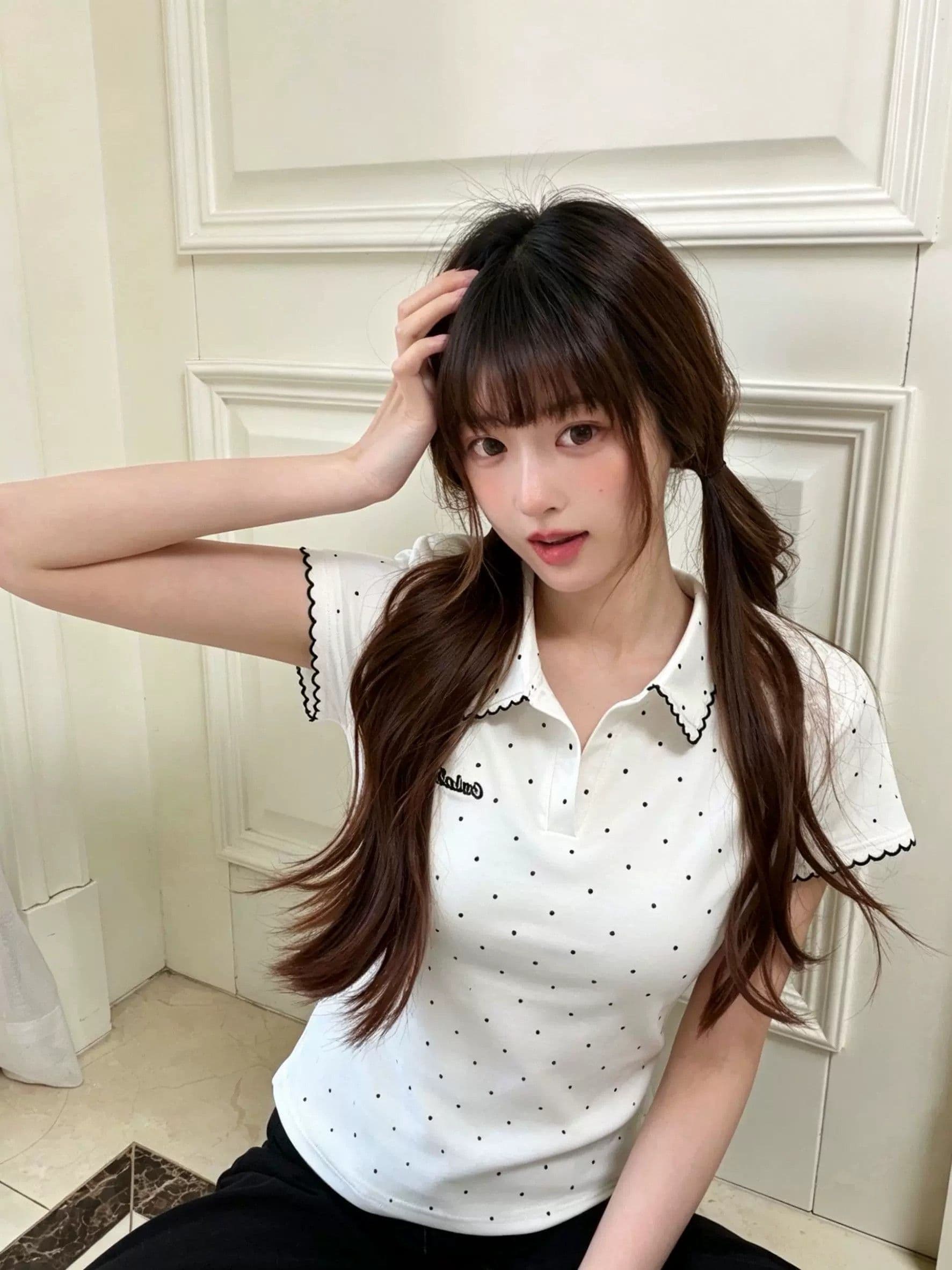 경관 그림 원본 품질 POLO 칼라 긍정적 인 어깨 반팔 티셔츠 여성 달콤함 Chic 짧은 맨위 상세 이미지 6