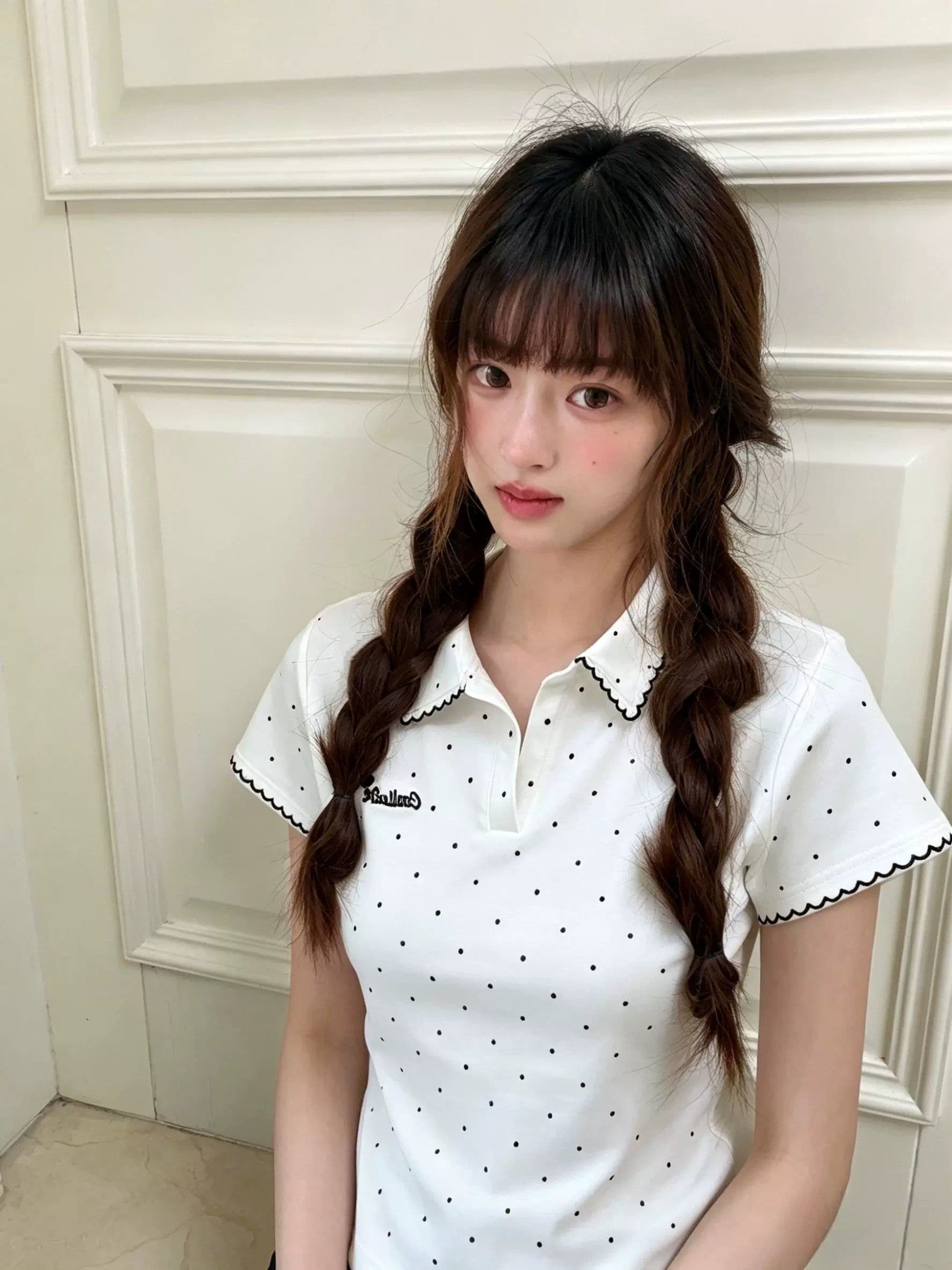 경관 그림 원본 품질 POLO 칼라 긍정적 인 어깨 반팔 티셔츠 여성 달콤함 Chic 짧은 맨위 상세 이미지 7