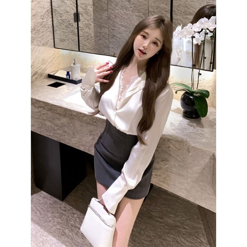 좋은 품질 화이트 POLO 칼라 레이스 레이스 셔츠 봄 가을 디자인 센스 화이트 긴팔 맨위 이미지 2