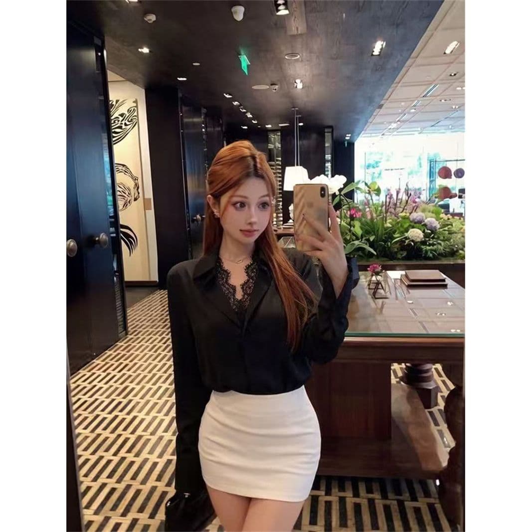 좋은 품질 화이트 POLO 칼라 레이스 레이스 셔츠 봄 가을 디자인 센스 화이트 긴팔 맨위 이미지 4