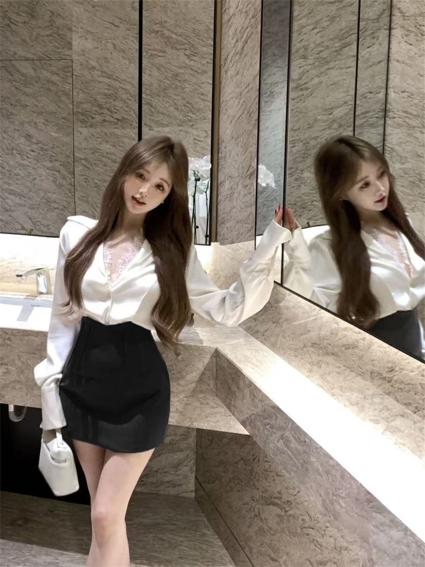 좋은 품질 화이트 POLO 칼라 레이스 레이스 셔츠 봄 가을 디자인 센스 화이트 긴팔 맨위 상세 이미지 14