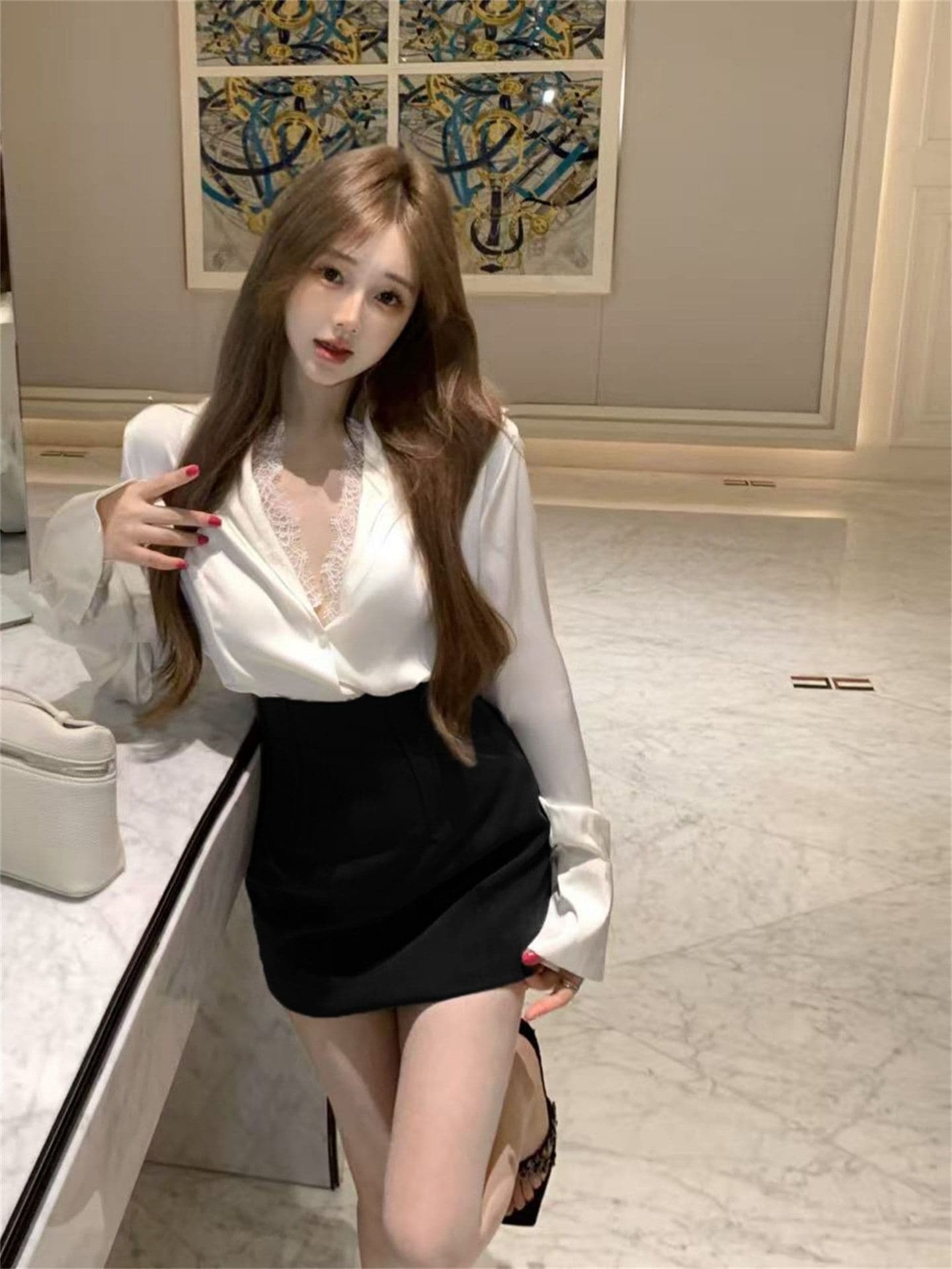 좋은 품질 화이트 POLO 칼라 레이스 레이스 셔츠 봄 가을 디자인 센스 화이트 긴팔 맨위 상세 이미지 17