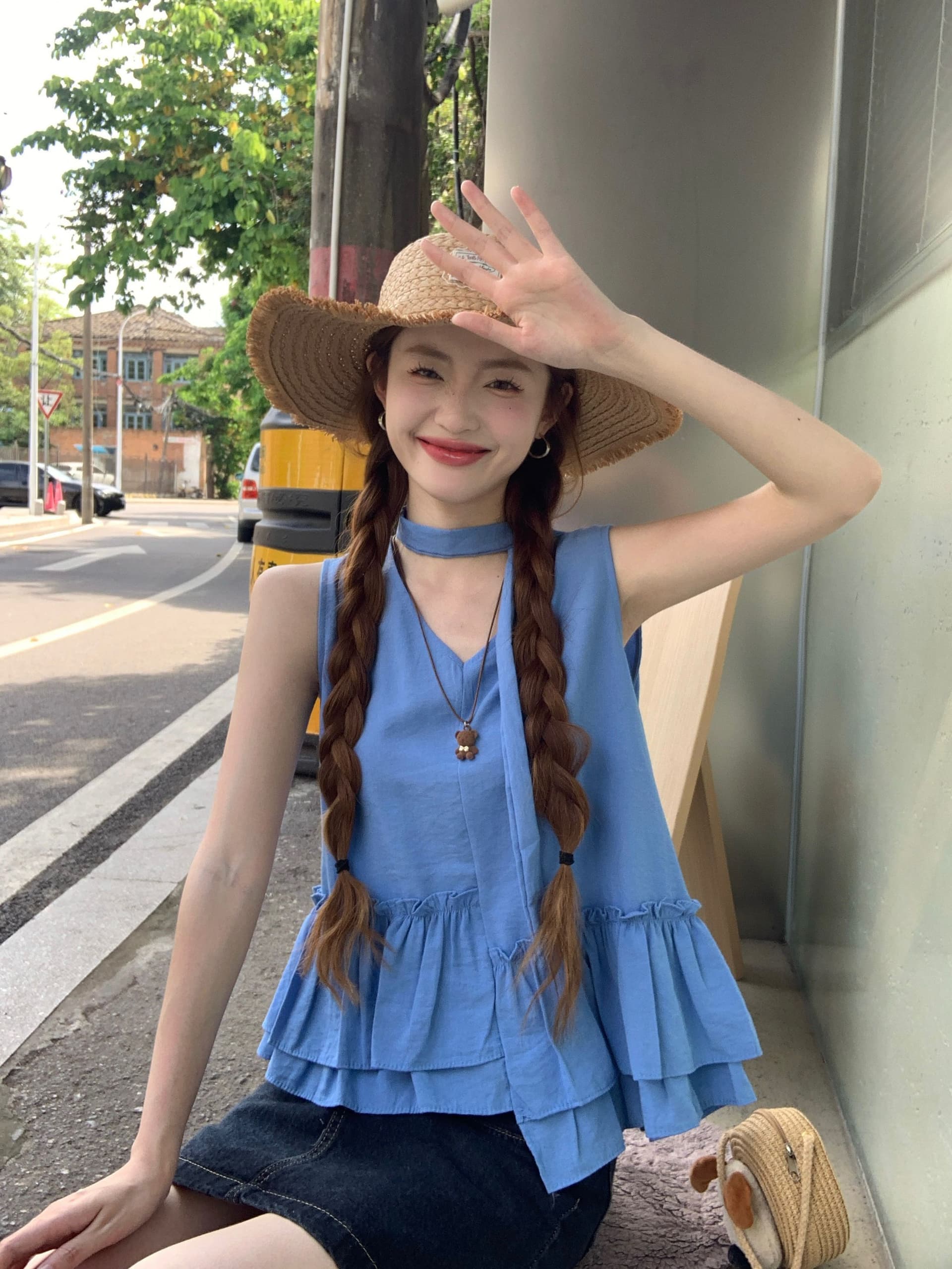 원본 원단 한 부서 V넥 조끼 여성 여름 달콤함 불규칙 프릴 슬림해 보이는 연령 감소 외출용 맨위 ins
