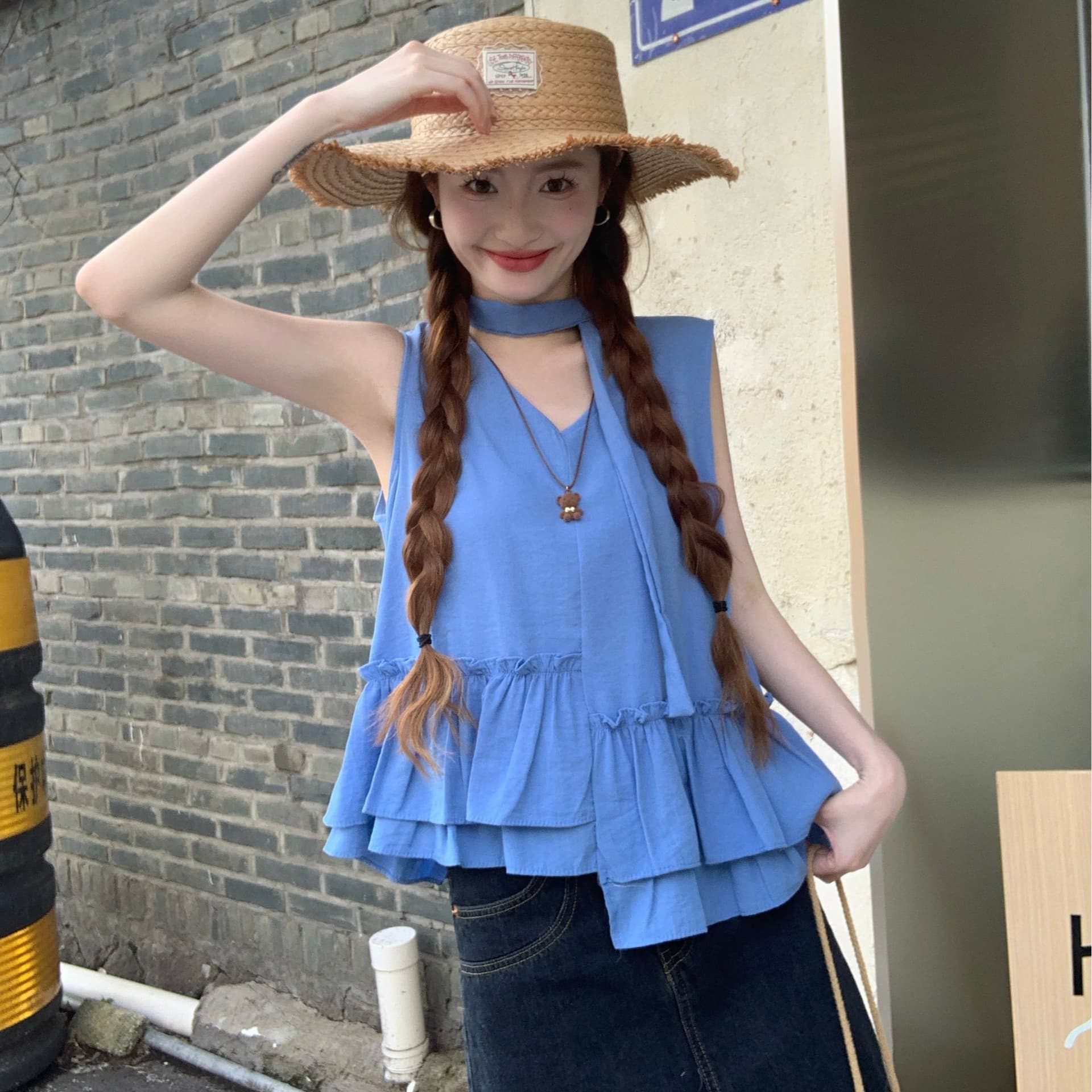 원본 원단 한 부서 V넥 조끼 여성 여름 달콤함 불규칙 프릴 슬림해 보이는 연령 감소 외출용 맨위 ins 이미지 5