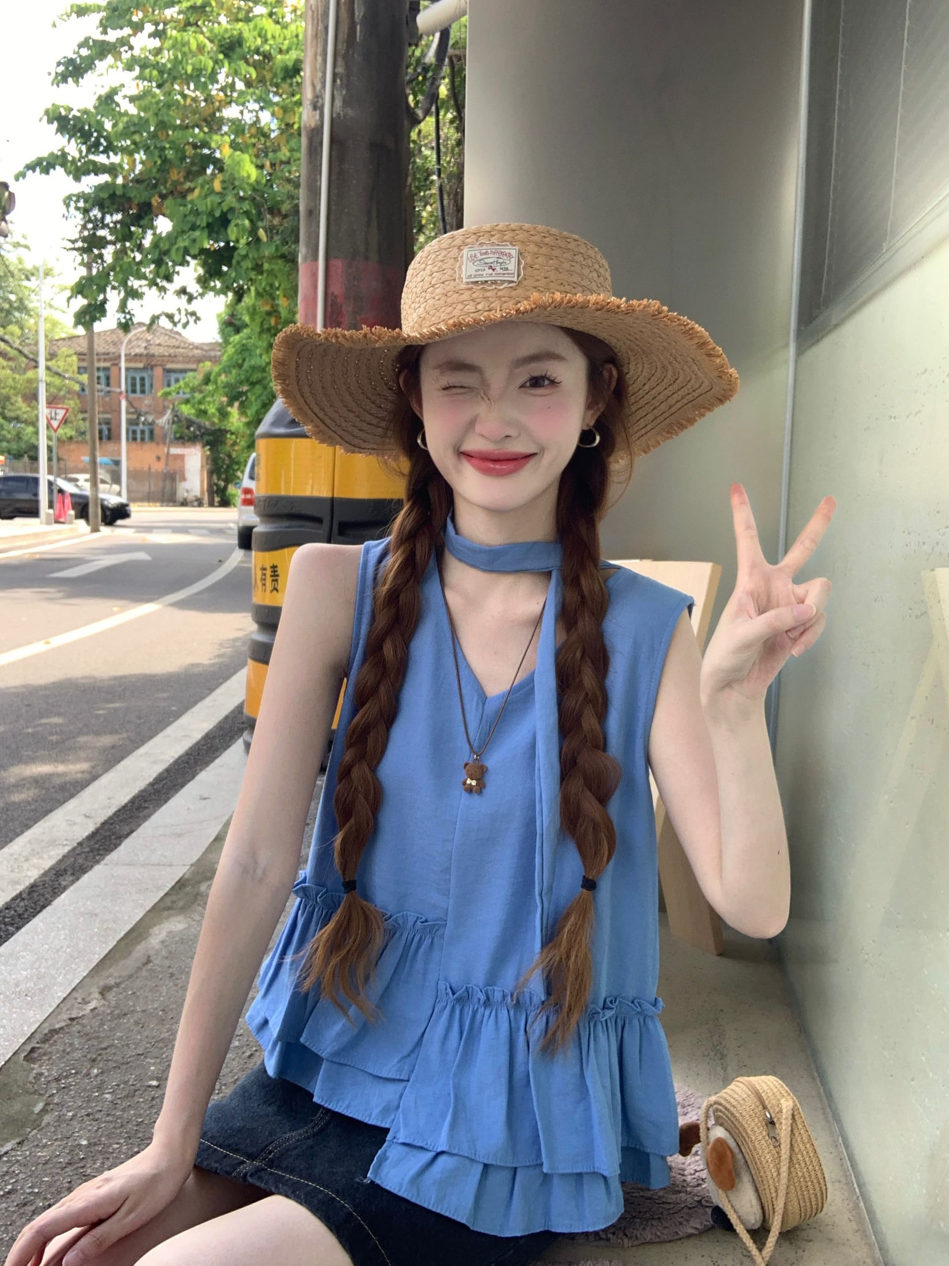 원본 원단 한 부서 V넥 조끼 여성 여름 달콤함 불규칙 프릴 슬림해 보이는 연령 감소 외출용 맨위 ins 상세 이미지 1