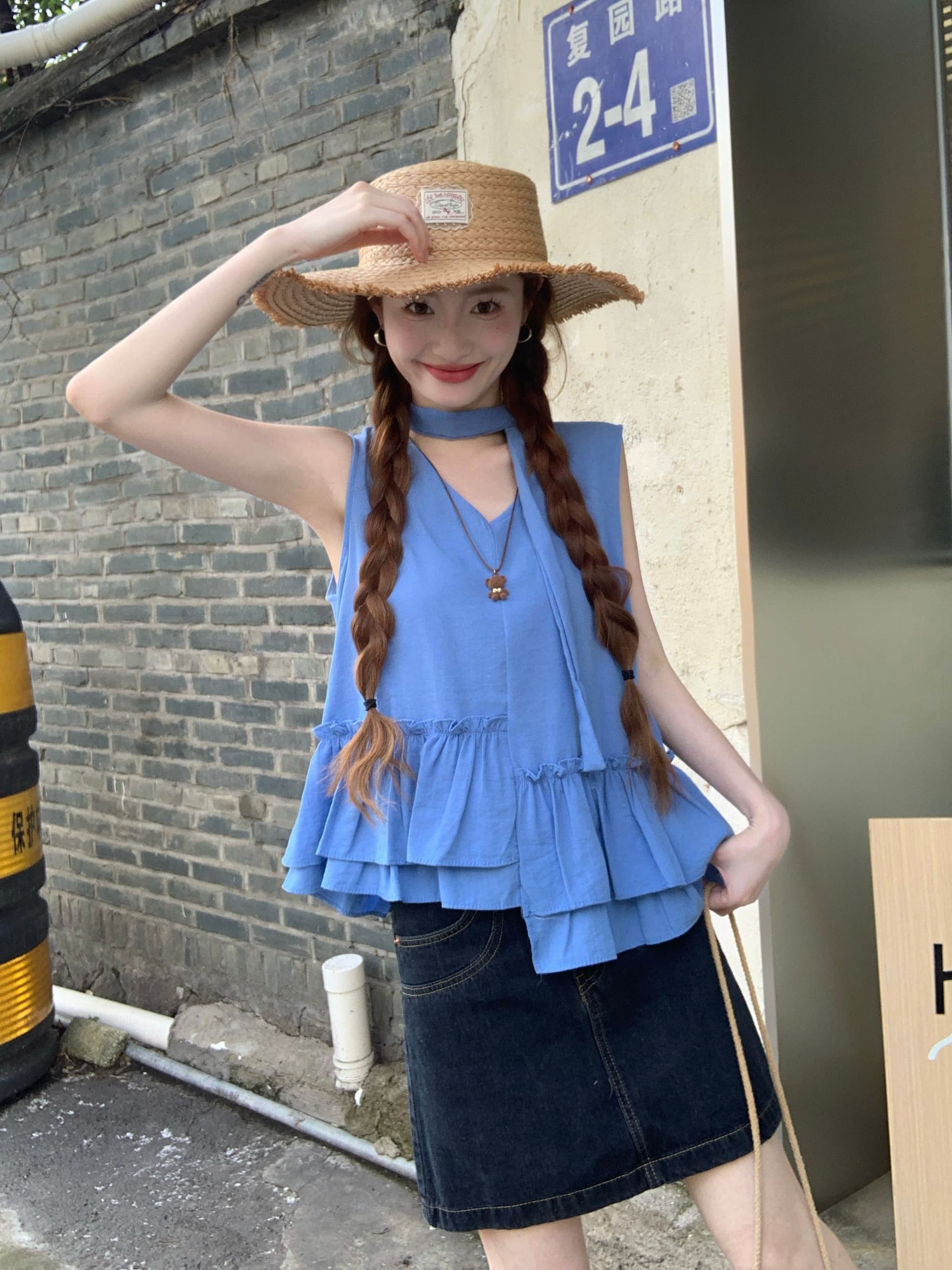 원본 원단 한 부서 V넥 조끼 여성 여름 달콤함 불규칙 프릴 슬림해 보이는 연령 감소 외출용 맨위 ins 상세 이미지 3