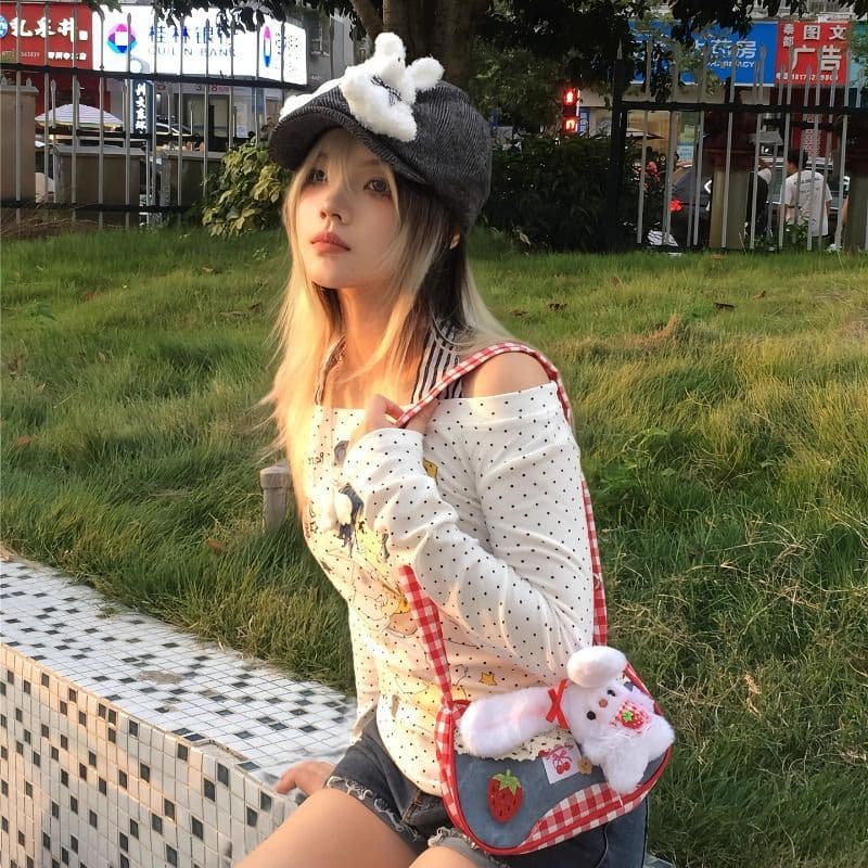 사람들 면 260 아메리칸 도트 무늬 프린트 오프숄더 긴팔 티셔츠 몸매 가꾸기 달콤한 핫걸 오프숄더 맨위 이미지 2