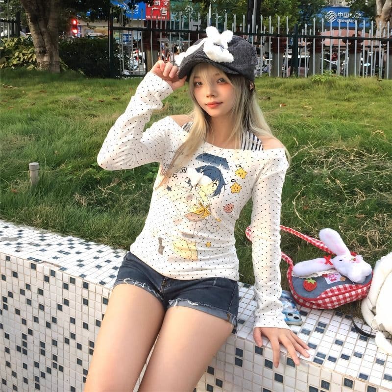 사람들 면 260 아메리칸 도트 무늬 프린트 오프숄더 긴팔 티셔츠 몸매 가꾸기 달콤한 핫걸 오프숄더 맨위 이미지 4