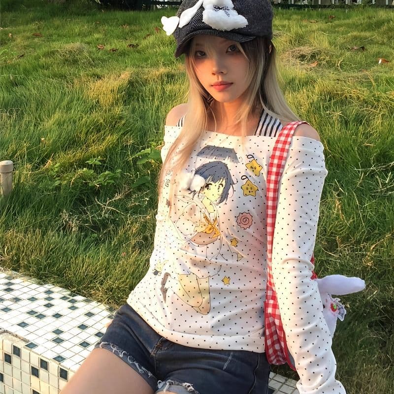 사람들 면 260 아메리칸 도트 무늬 프린트 오프숄더 긴팔 티셔츠 몸매 가꾸기 달콤한 핫걸 오프숄더 맨위 이미지 3