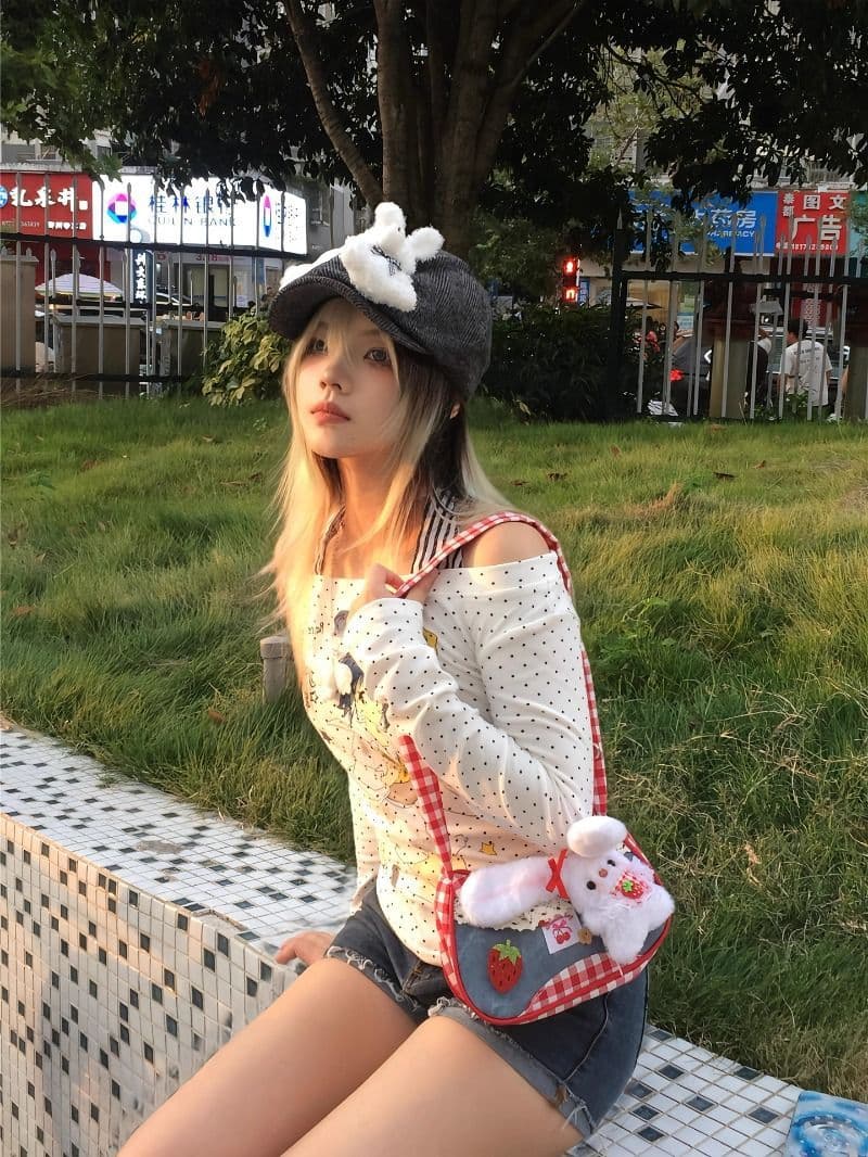 사람들 면 260 아메리칸 도트 무늬 프린트 오프숄더 긴팔 티셔츠 몸매 가꾸기 달콤한 핫걸 오프숄더 맨위 상세 이미지 3