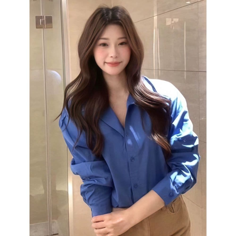 톰 글 래 원인 파란색 품격 긴팔 여성 셔츠 가을 디자인 센스 셔츠 루즈핏 슬림해 보이는 느긋한 바람 캐주얼 맨위 상세 이미지 2