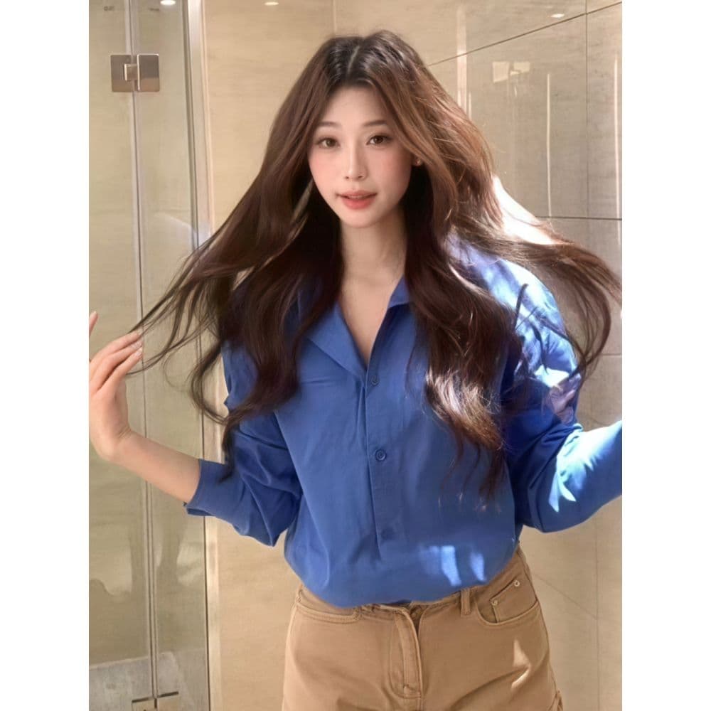 톰 글 래 원인 파란색 품격 긴팔 여성 셔츠 가을 디자인 센스 셔츠 루즈핏 슬림해 보이는 느긋한 바람 캐주얼 맨위 상세 이미지 5