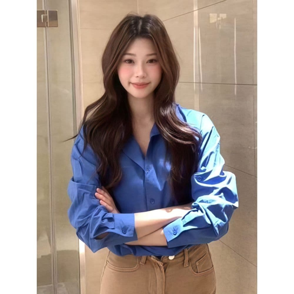 톰 글 래 원인 파란색 품격 긴팔 여성 셔츠 가을 디자인 센스 셔츠 루즈핏 슬림해 보이는 느긋한 바람 캐주얼 맨위 상세 이미지 6