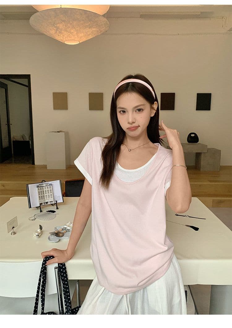 원본 눈꽃 면 화이트 페이크 레이어드 긍정적 인 어깨 반팔 티셔츠 여름 한 부서 느긋한 센스 맨위 여성 상세 이미지 2