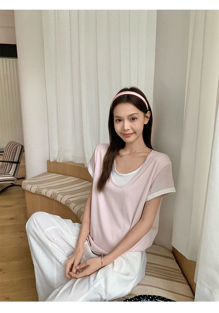 원본 눈꽃 면 화이트 페이크 레이어드 긍정적 인 어깨 반팔 티셔츠 여름 한 부서 느긋한 센스 맨위 여성 상세 이미지 3