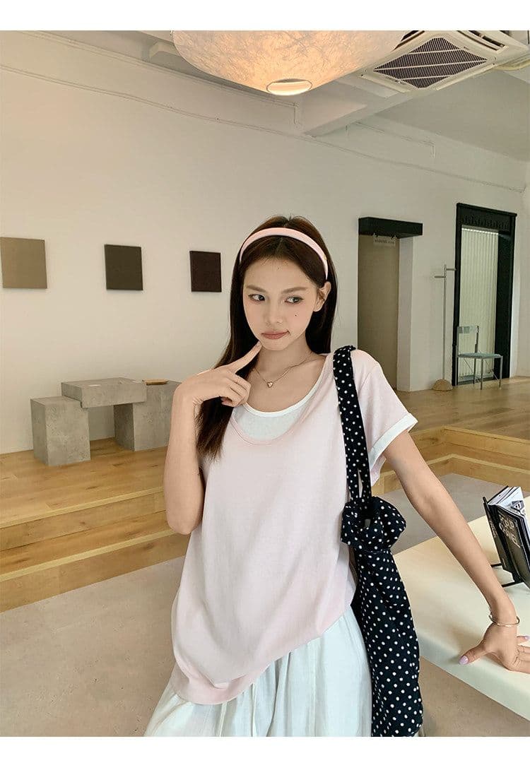 원본 눈꽃 면 화이트 페이크 레이어드 긍정적 인 어깨 반팔 티셔츠 여름 한 부서 느긋한 센스 맨위 여성 상세 이미지 4
