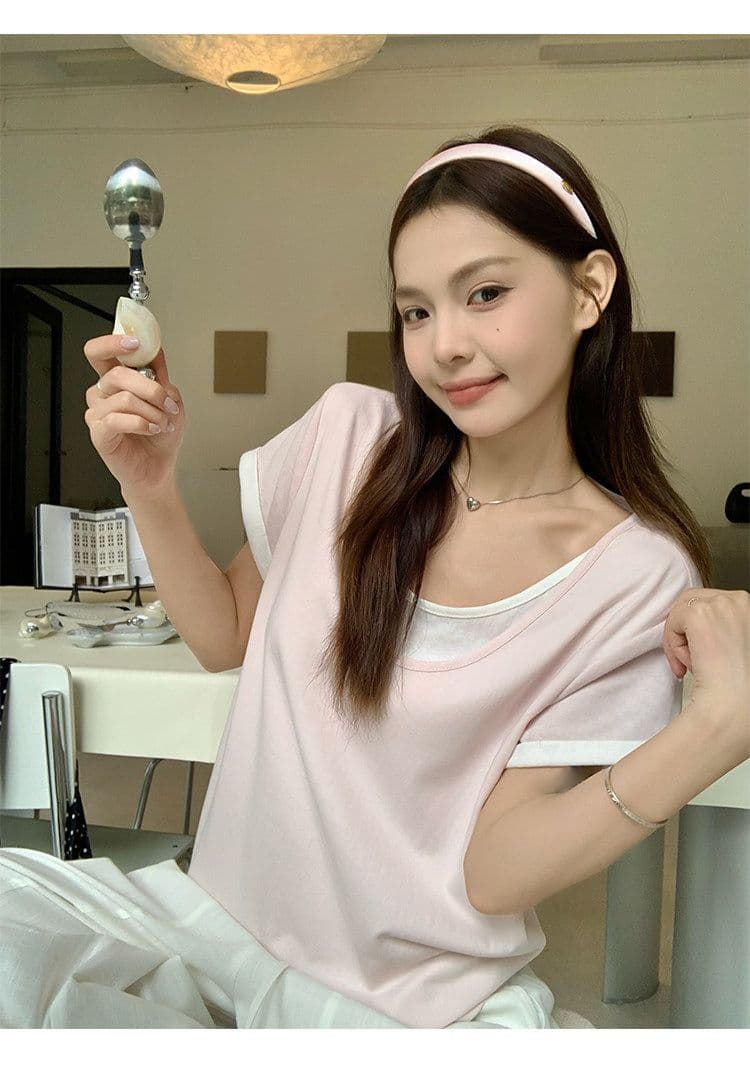 원본 눈꽃 면 화이트 페이크 레이어드 긍정적 인 어깨 반팔 티셔츠 여름 한 부서 느긋한 센스 맨위 여성 상세 이미지 5