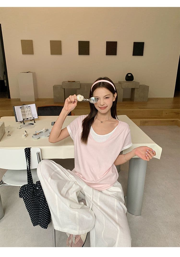 원본 눈꽃 면 화이트 페이크 레이어드 긍정적 인 어깨 반팔 티셔츠 여름 한 부서 느긋한 센스 맨위 여성 상세 이미지 7