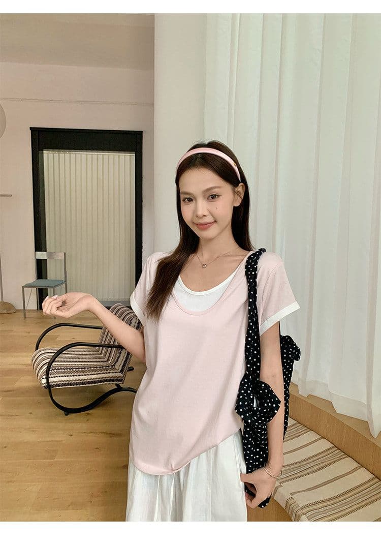 원본 눈꽃 면 화이트 페이크 레이어드 긍정적 인 어깨 반팔 티셔츠 여름 한 부서 느긋한 센스 맨위 여성 상세 이미지 9