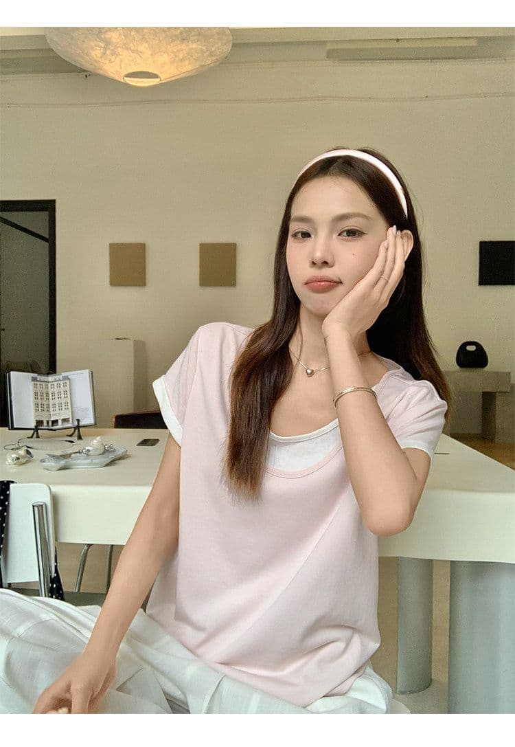 원본 눈꽃 면 화이트 페이크 레이어드 긍정적 인 어깨 반팔 티셔츠 여름 한 부서 느긋한 센스 맨위 여성 상세 이미지 10
