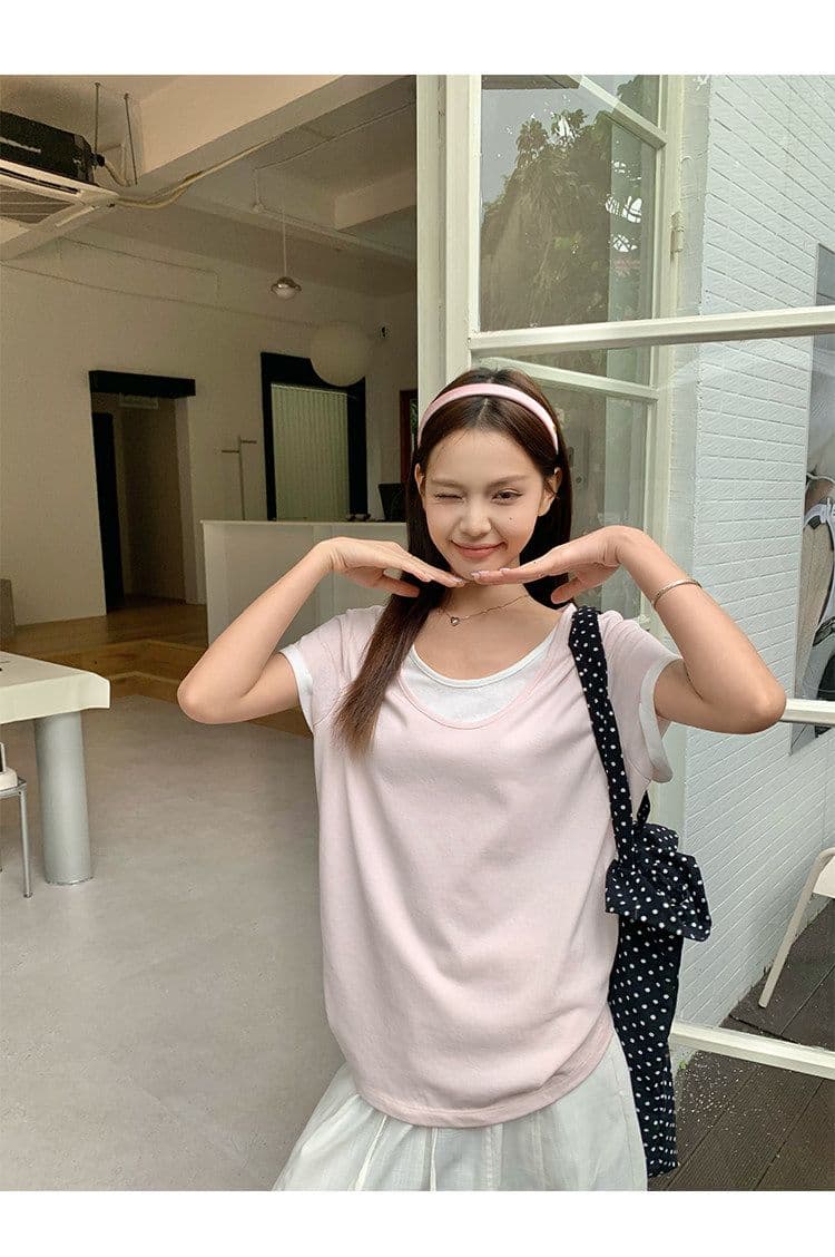 원본 눈꽃 면 화이트 페이크 레이어드 긍정적 인 어깨 반팔 티셔츠 여름 한 부서 느긋한 센스 맨위 여성 상세 이미지 13