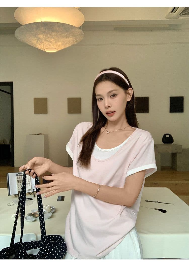 원본 눈꽃 면 화이트 페이크 레이어드 긍정적 인 어깨 반팔 티셔츠 여름 한 부서 느긋한 센스 맨위 여성 상세 이미지 15