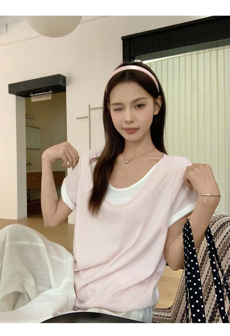원본 눈꽃 면 화이트 페이크 레이어드 긍정적 인 어깨 반팔 티셔츠 여름 한 부서 느긋한 센스 맨위 여성 상세 이미지 16
