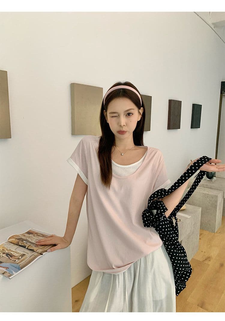 원본 눈꽃 면 화이트 페이크 레이어드 긍정적 인 어깨 반팔 티셔츠 여름 한 부서 느긋한 센스 맨위 여성 상세 이미지 17