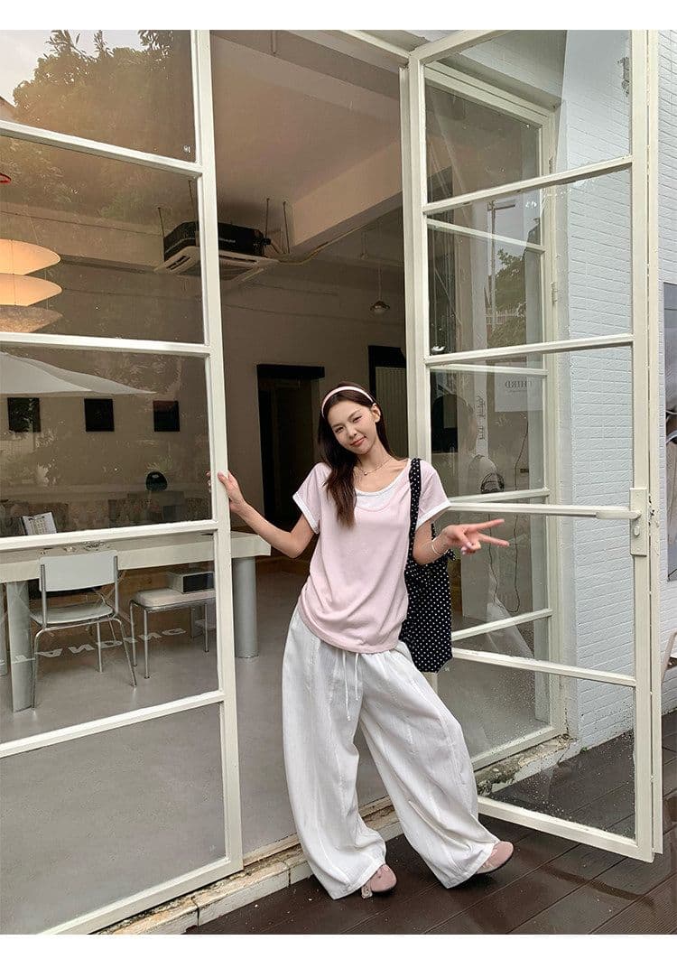 원본 눈꽃 면 화이트 페이크 레이어드 긍정적 인 어깨 반팔 티셔츠 여름 한 부서 느긋한 센스 맨위 여성 상세 이미지 20