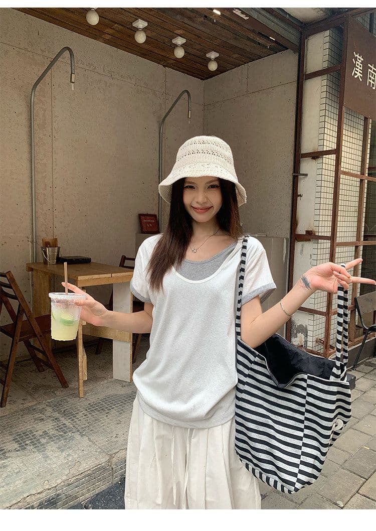 원본 눈꽃 면 화이트 페이크 레이어드 긍정적 인 어깨 반팔 티셔츠 여름 한 부서 느긋한 센스 맨위 여성 상세 이미지 21