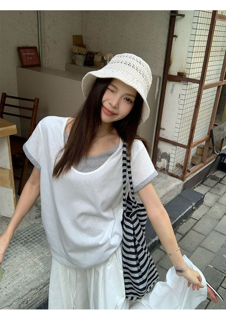 원본 눈꽃 면 화이트 페이크 레이어드 긍정적 인 어깨 반팔 티셔츠 여름 한 부서 느긋한 센스 맨위 여성 상세 이미지 24