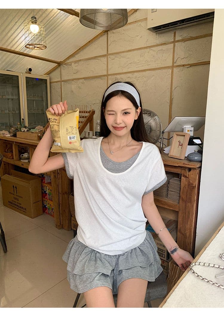 원본 눈꽃 면 화이트 페이크 레이어드 긍정적 인 어깨 반팔 티셔츠 여름 한 부서 느긋한 센스 맨위 여성 상세 이미지 26