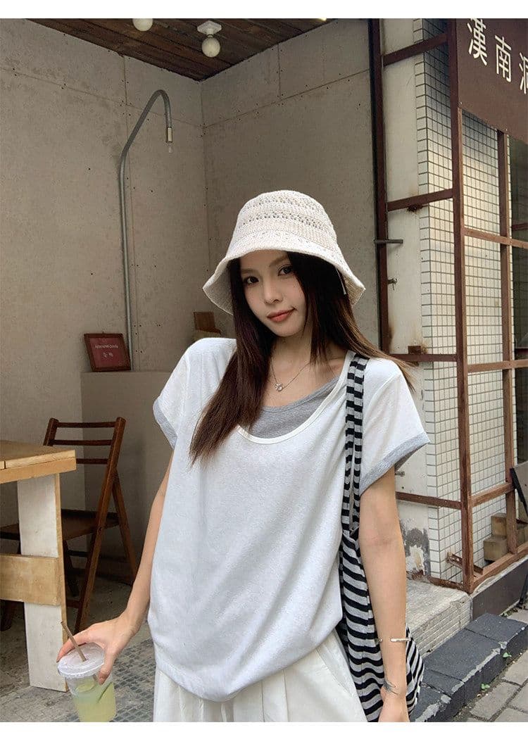 원본 눈꽃 면 화이트 페이크 레이어드 긍정적 인 어깨 반팔 티셔츠 여름 한 부서 느긋한 센스 맨위 여성 상세 이미지 28