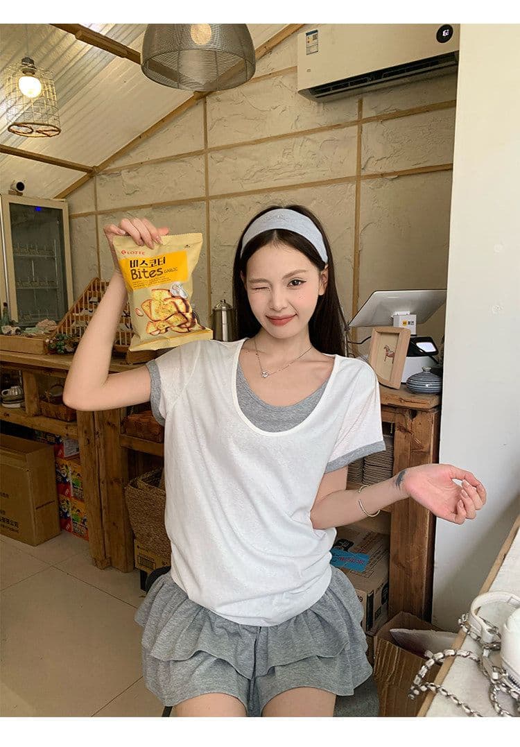 원본 눈꽃 면 화이트 페이크 레이어드 긍정적 인 어깨 반팔 티셔츠 여름 한 부서 느긋한 센스 맨위 여성 상세 이미지 29