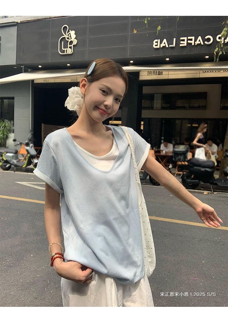 원본 눈꽃 면 화이트 페이크 레이어드 긍정적 인 어깨 반팔 티셔츠 여름 한 부서 느긋한 센스 맨위 여성 상세 이미지 34