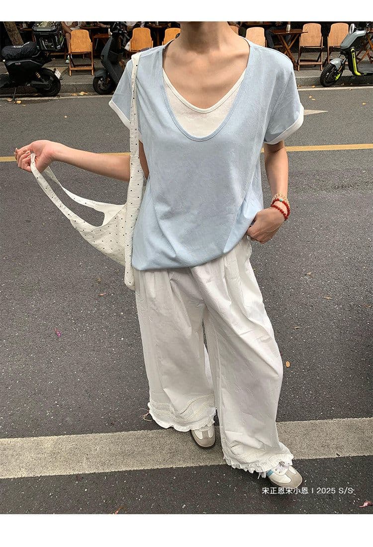 원본 눈꽃 면 화이트 페이크 레이어드 긍정적 인 어깨 반팔 티셔츠 여름 한 부서 느긋한 센스 맨위 여성 상세 이미지 35