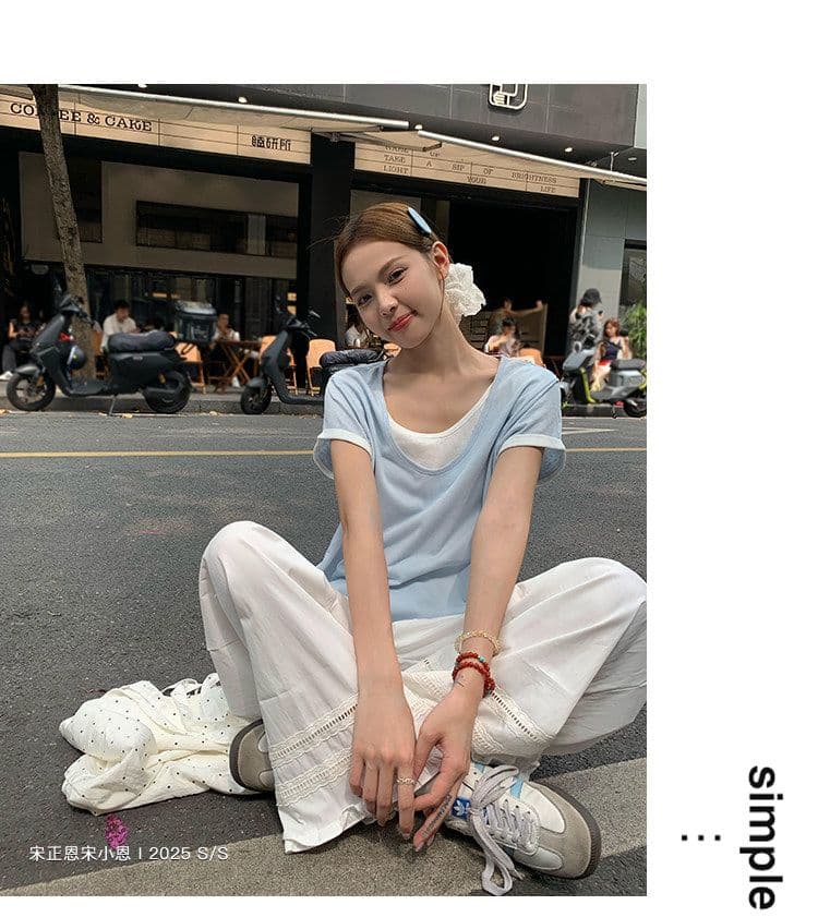 원본 눈꽃 면 화이트 페이크 레이어드 긍정적 인 어깨 반팔 티셔츠 여름 한 부서 느긋한 센스 맨위 여성 상세 이미지 36