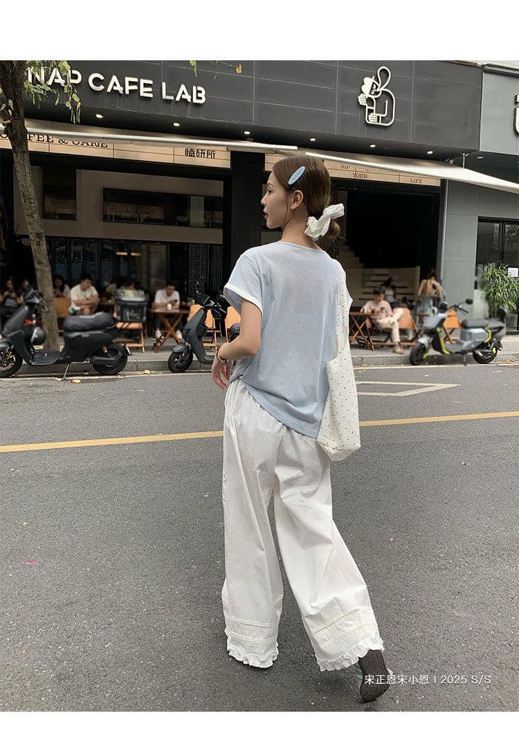 원본 눈꽃 면 화이트 페이크 레이어드 긍정적 인 어깨 반팔 티셔츠 여름 한 부서 느긋한 센스 맨위 여성 상세 이미지 38