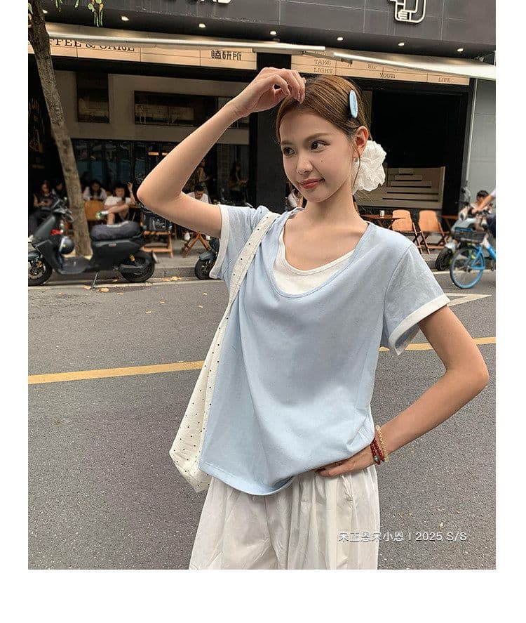 원본 눈꽃 면 화이트 페이크 레이어드 긍정적 인 어깨 반팔 티셔츠 여름 한 부서 느긋한 센스 맨위 여성 상세 이미지 39