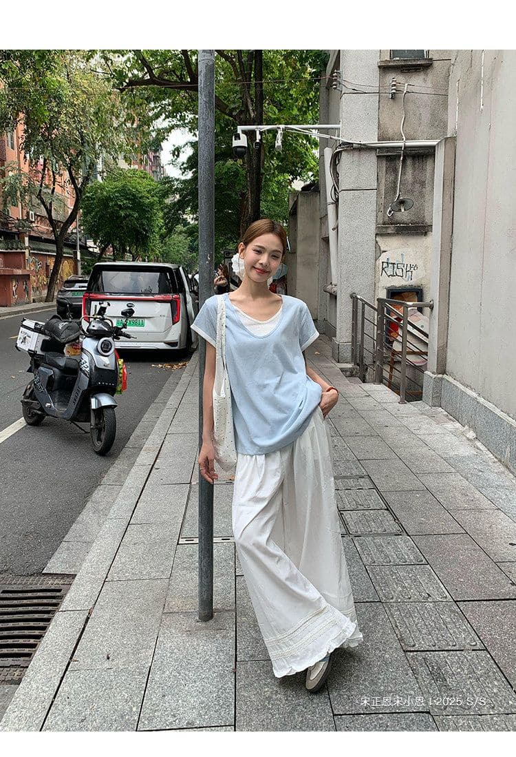 원본 눈꽃 면 화이트 페이크 레이어드 긍정적 인 어깨 반팔 티셔츠 여름 한 부서 느긋한 센스 맨위 여성 상세 이미지 40
