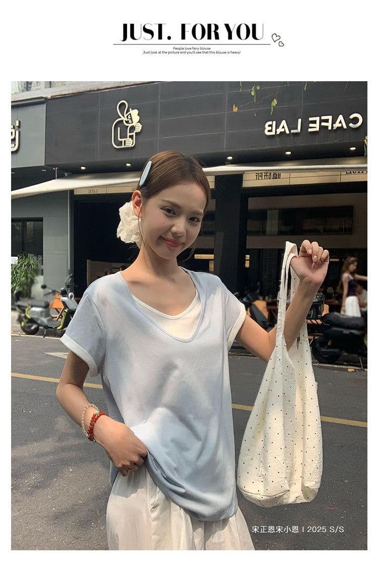 원본 눈꽃 면 화이트 페이크 레이어드 긍정적 인 어깨 반팔 티셔츠 여름 한 부서 느긋한 센스 맨위 여성 상세 이미지 41